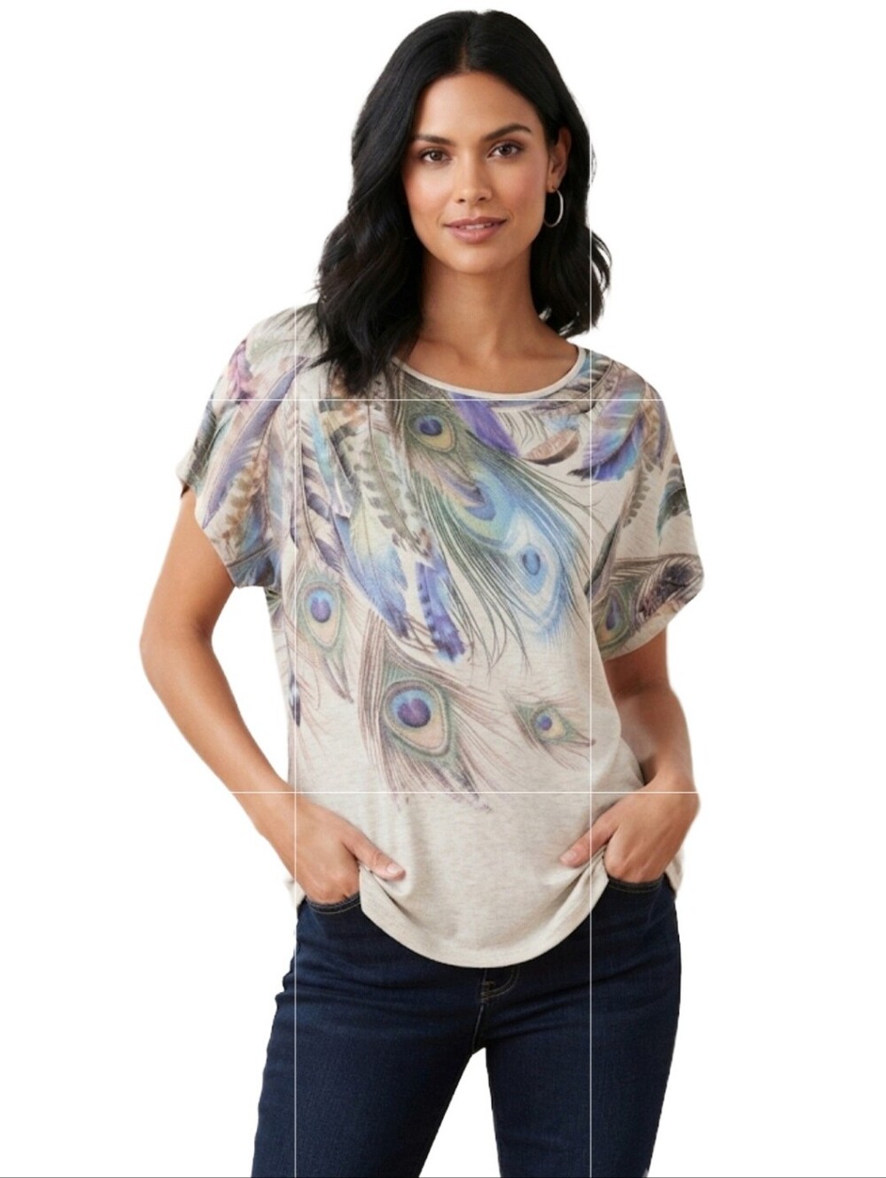 LEEBE Peacock Feather Print Flowy Dolman Sleeve Top Oatmeal Blue Green Size Med